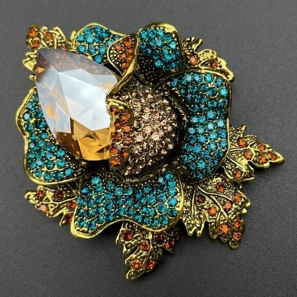 Yellow Gold with Topaz and Aquamarine Crystal Corsage Flower Pin Back Brooch - Picture 1 of 11